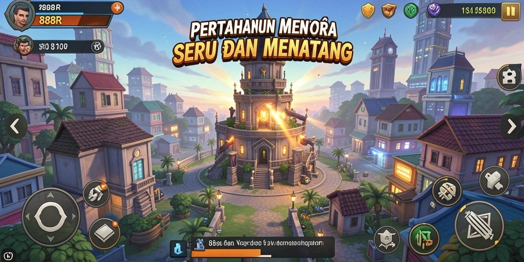 Tampilan gameplay 888R yang menampilkan aksi menara menghadapi serangan musuh.