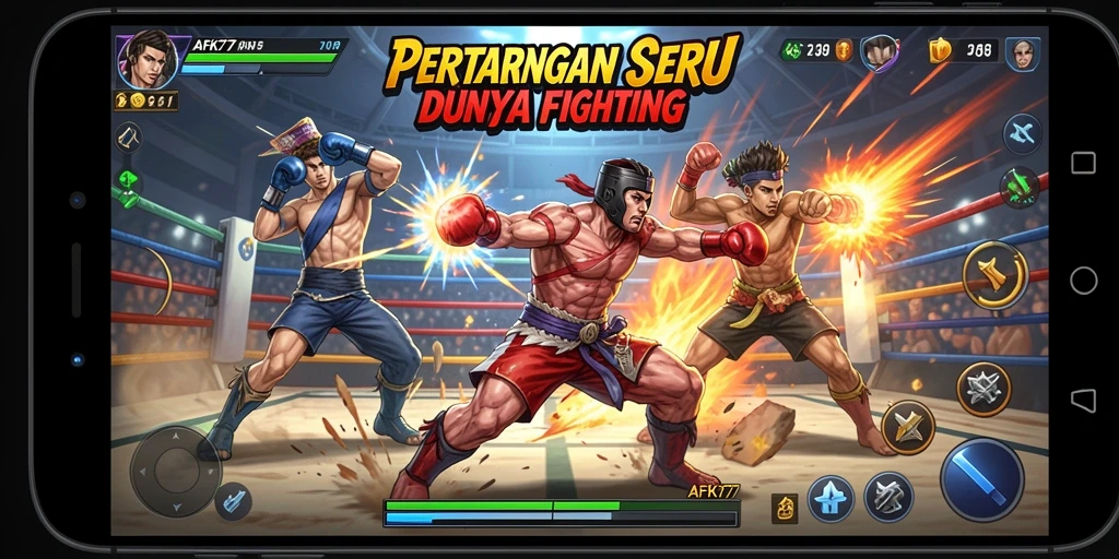 Menampilkan aksi pertarungan sengit dalam AFK77 dengan karakter yang beragam.