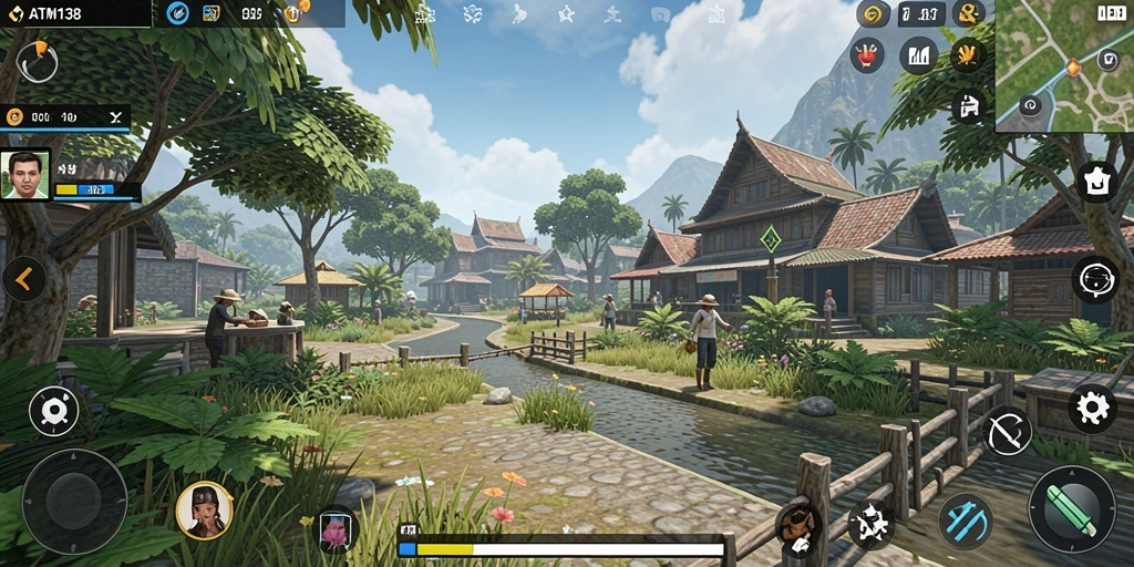 Tangkapan layar dari gameplay ATM138 di dunia terbuka yang luas.