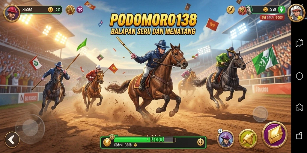 Screenshot gameplay PODOMORO138 yang menampilkan aksi balapan mendebarkan.