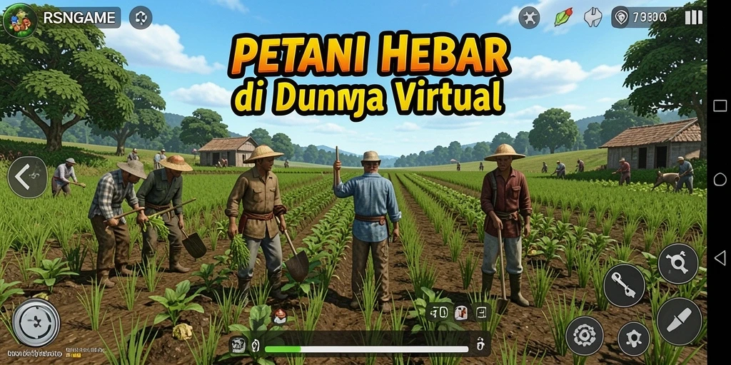 Tampilan gameplay RSNGAME penuh warna dengan kebun yang subur dan hewan ternak aktif.