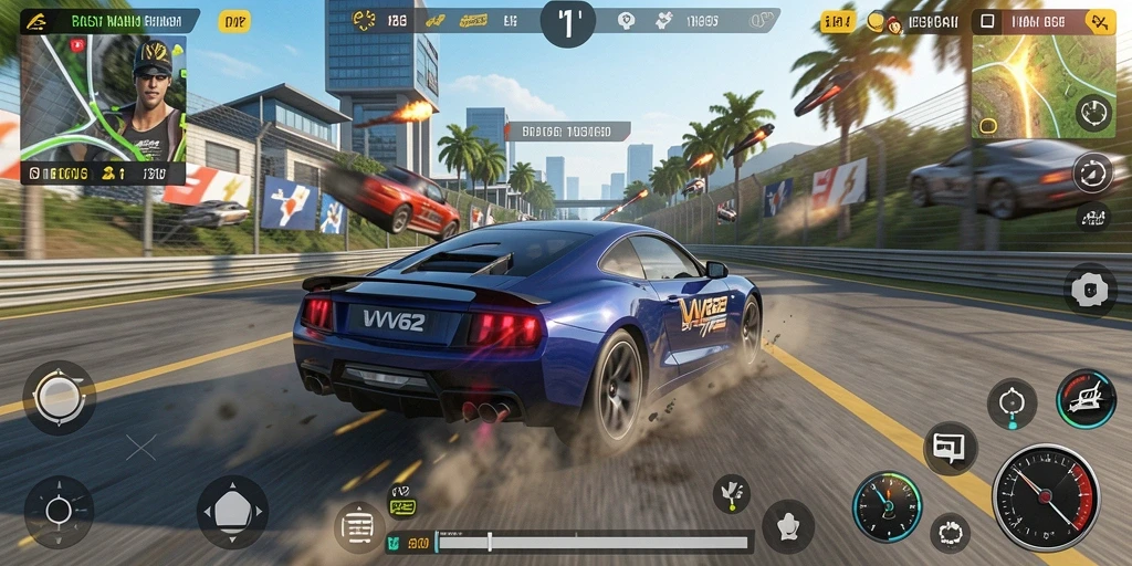 Tampilan gameplay VV62 dengan balapan mendebarkan dan mobil yang menakjubkan.
